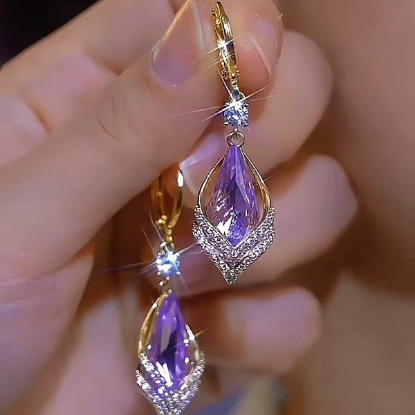 14K Gold-Plated Rhombus Purple Crystal Earrings