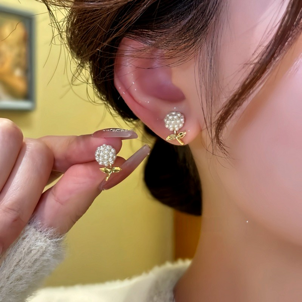 14K Gold-Plated Rice Bead Flower Earrings