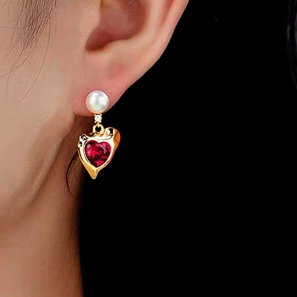 14K Gold-Plated Rose Red Heart Pearl Earrings