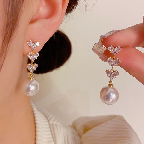 14K Gold-Plated Simple And Exquisite Zircon Love Heart Pearl Earrings
