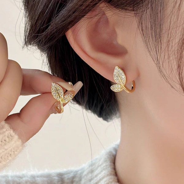 14K Gold-Plated Sparkling Zircon Leaf Earrings