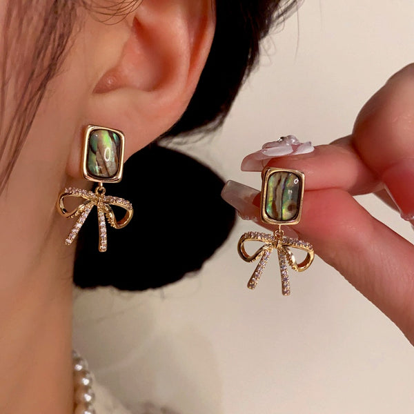 14K Gold-Plated Square Colored Shell Zircon Bow Earrings