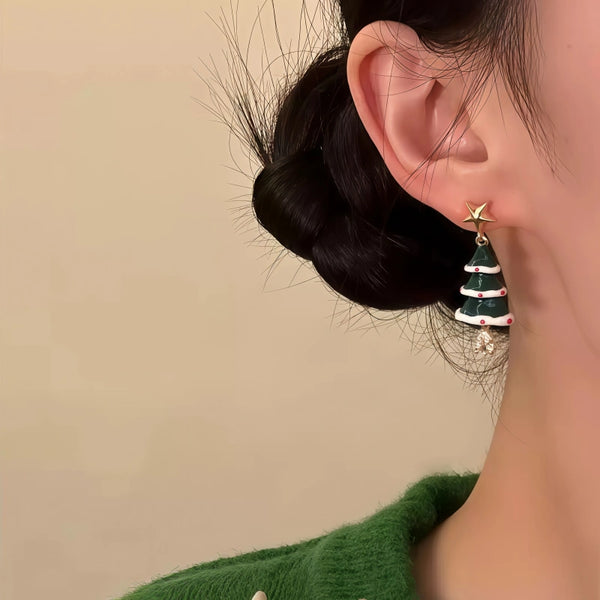 14K Gold-Plated Star Christmas Tree Earrings