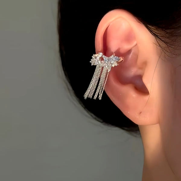 14K Gold-Plated Star Diamond Tassel Ear Clips ( 1 Pair )