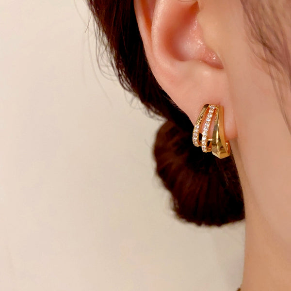 14K Gold-Plated Three-Layer Zircon Earrings