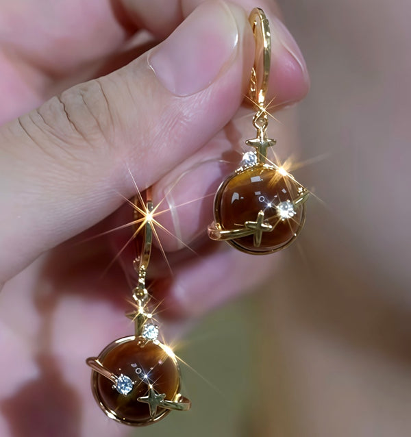 14K Gold-Plated Tiger Eye Planet Earrings