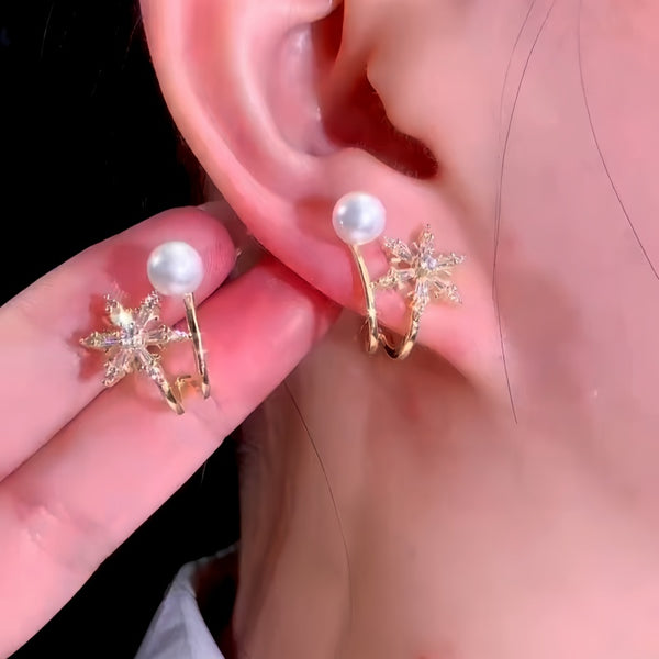 14K Gold-Plated Trendy Zircon Diamond Snowflake Pearl Stud Earrings