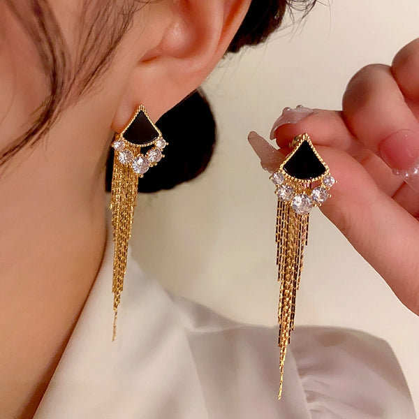 14K Gold-Plated Triangular Zircon Tassel Earrings