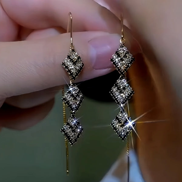 14K Gold-Plated Tripple-Layer Black And White Diamond Threader Earrings