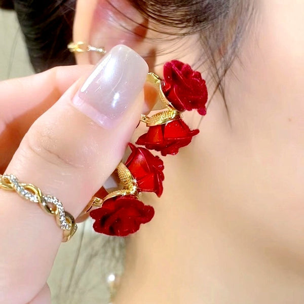 14K Gold-Plated Wine Red Rose Earrings
