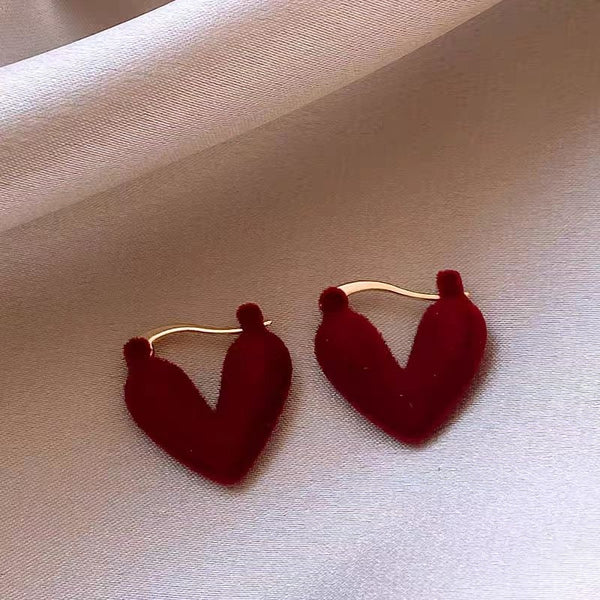 14K Gold-Plated Wine Red Velvet Flocking Heart Earrings