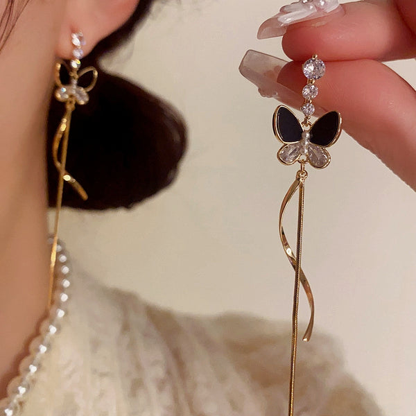 14K Gold-Plated ZIrcon Butterfly Tassel Earrings