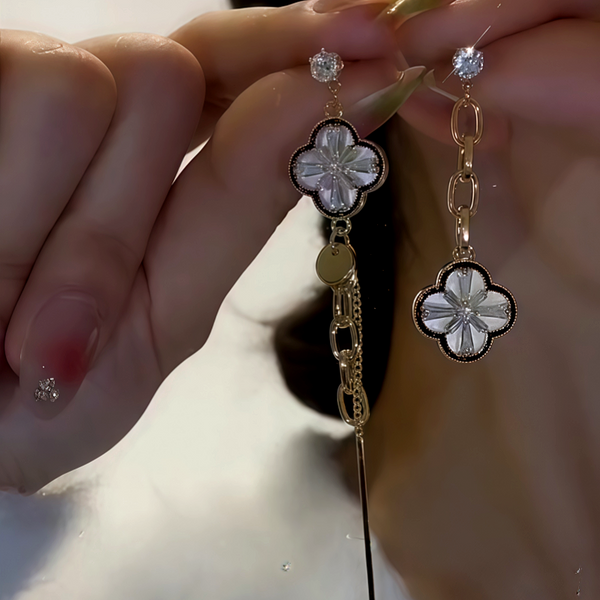 14K Gold-Plated Zircon Asymmetrical Four-Leaf Flower Earring