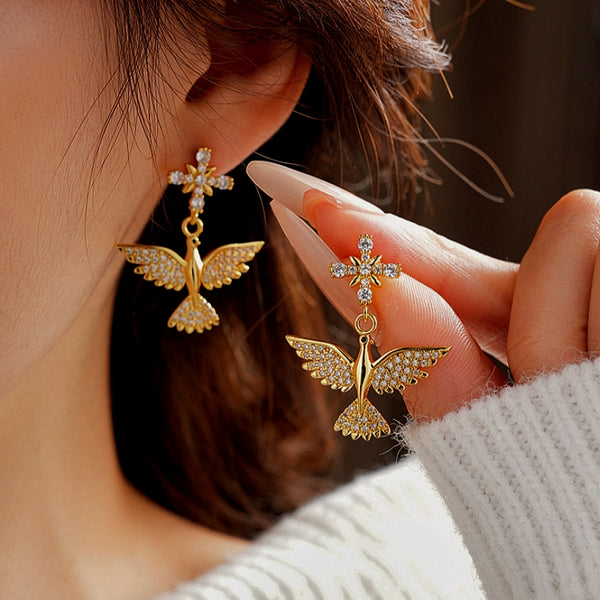 14K Gold-Plated Zircon Bird Earrings