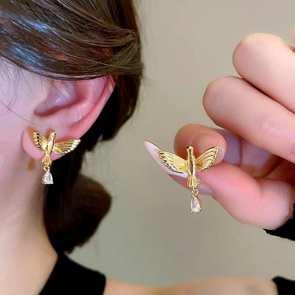 14K Gold-Plated Zircon Bird Earrings