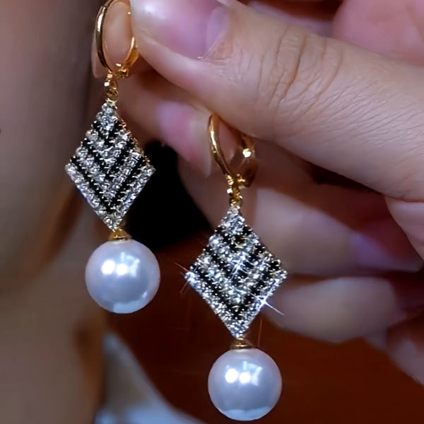 14K Gold-Plated Zircon Black And White Diamond Pearl Earrings