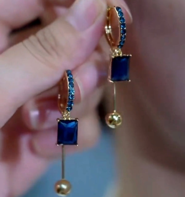 14K Gold-Plated Zircon Blue Diamond Tassel Earrings