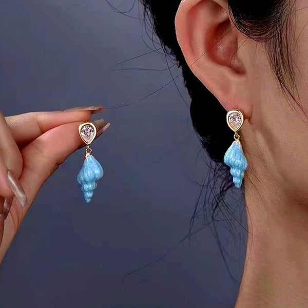 14K Gold-Plated Zircon Blue Ocean Conch Earrings