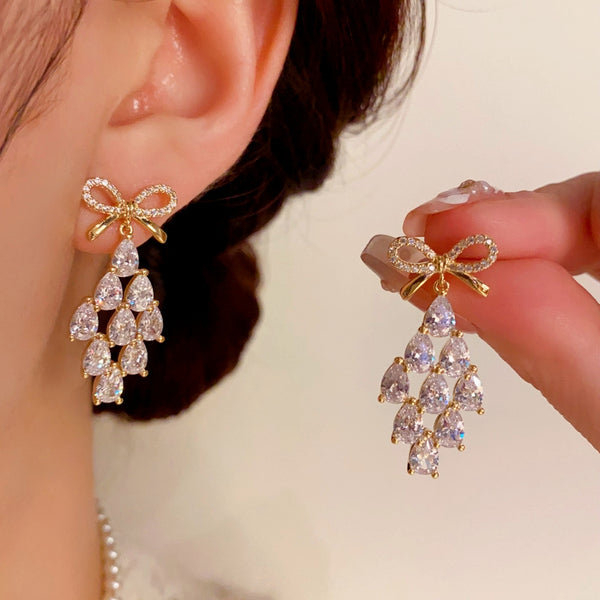 14K Gold-Plated Zircon Bow Drop Earrings