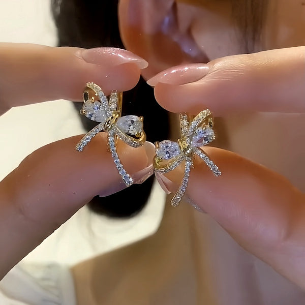 14K Gold-Plated Zircon Bow Earrings