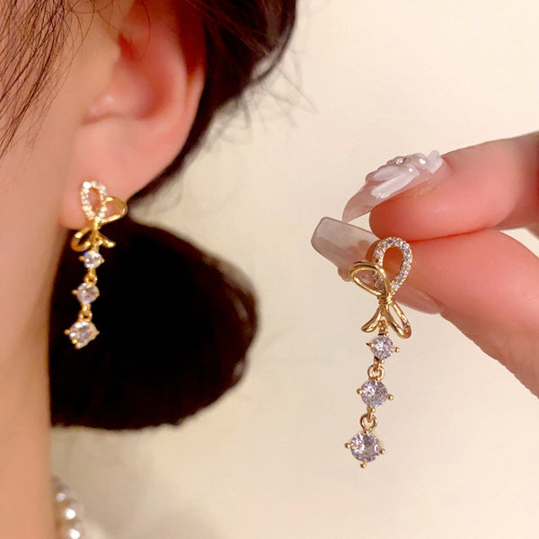 14K Gold-Plated Zircon Bow Tassel Earrings