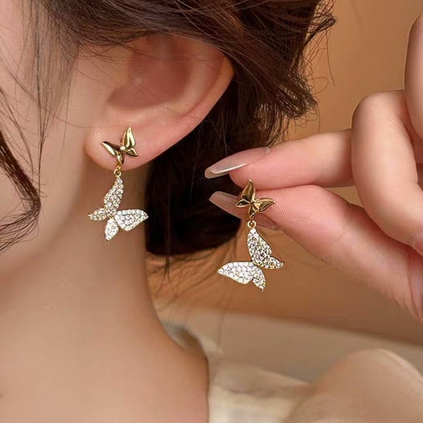 14K Gold-Plated Zircon Butterfly Earrings