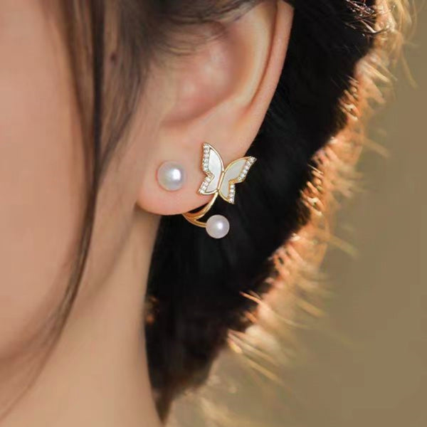 14K Gold-Plated Zircon Butterfly Pearl Earrings