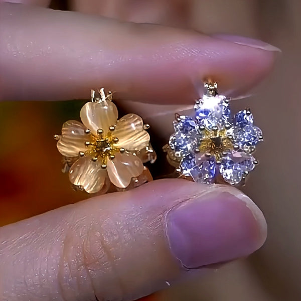 14K Gold-Plated Zircon Cat's Eye Stone Flower Earrings