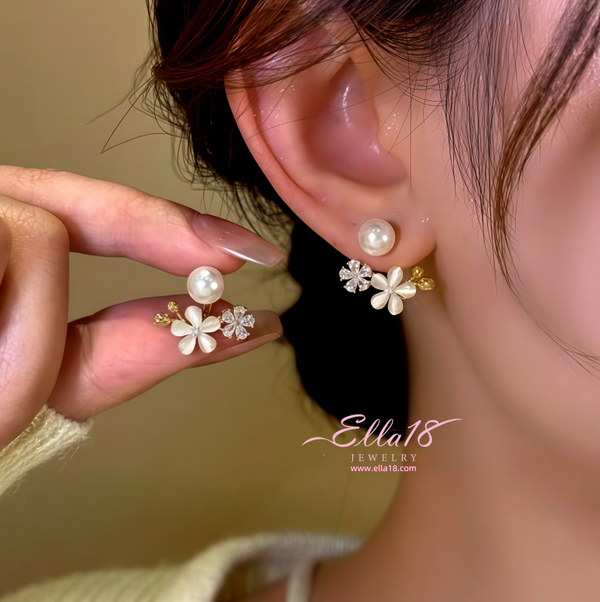 14K Gold-Plated Zircon Cat's Eye Stone Flower Pearl Earrings