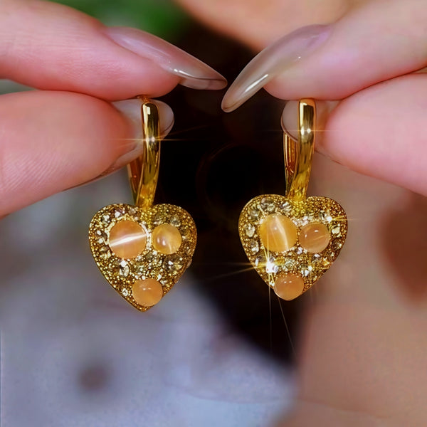 14K Gold-Plated Zircon Cat's Eye Stone Heart Earrings