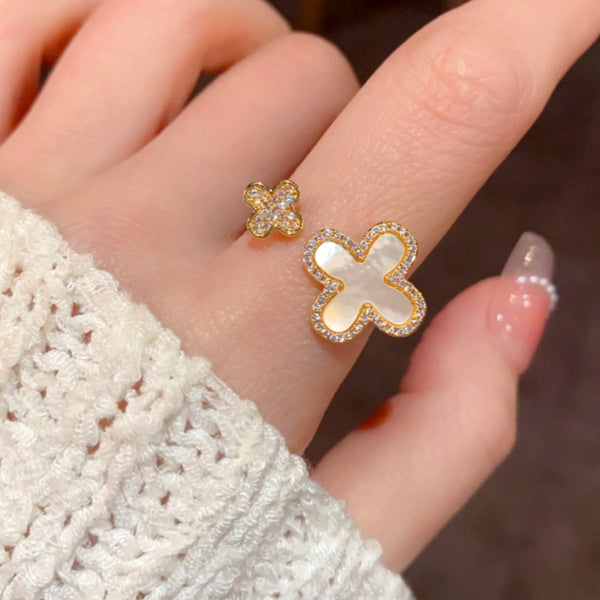 14K Gold-Plated Zircon Diamond Adjustable Four-Leaf Open Rings