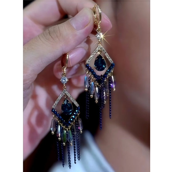 14K Gold-Plated Zircon Diamond Beaded Tassel Earrings
