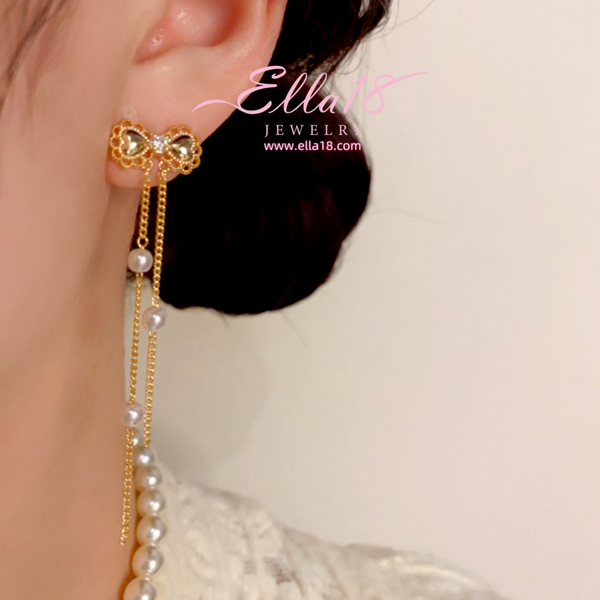 14K Gold-Plated Zircon Diamond Bow Bead Tassel Earrings