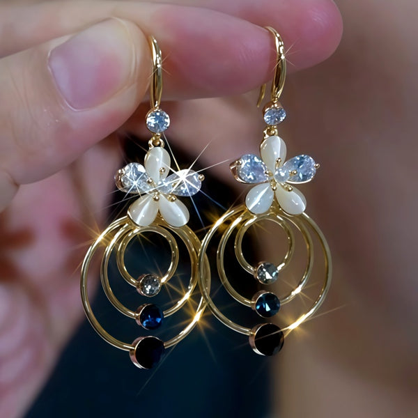 14K Gold-Plated Zircon Diamond Cat's Eye Stone Flower Ear Hook Earrings