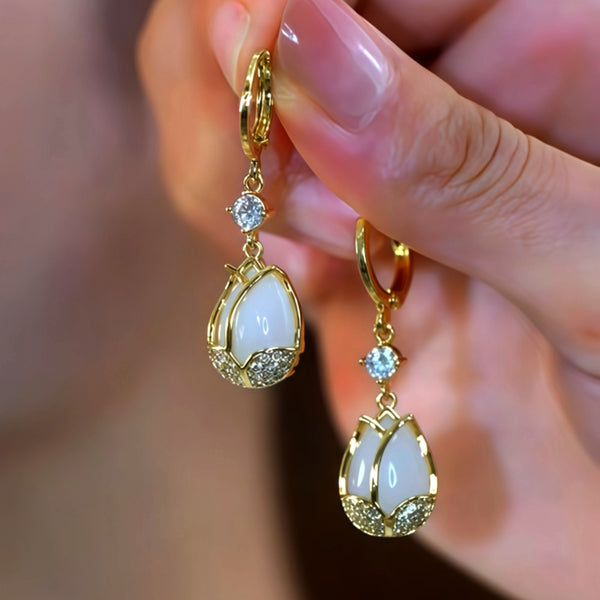 14K Gold-Plated Zircon Diamond Cat's Eye Stone Tulip Earrings