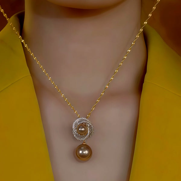 14K Gold-Plated Zircon Diamond Champagne-Colored Pearl Necklace