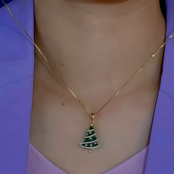 14K Gold-Plated Zircon Diamond Christmas Tree Pendant Necklace