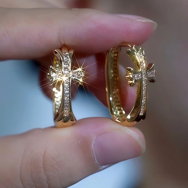 14K Gold-Plated Zircon Diamond Cross U-Shaped Earrings