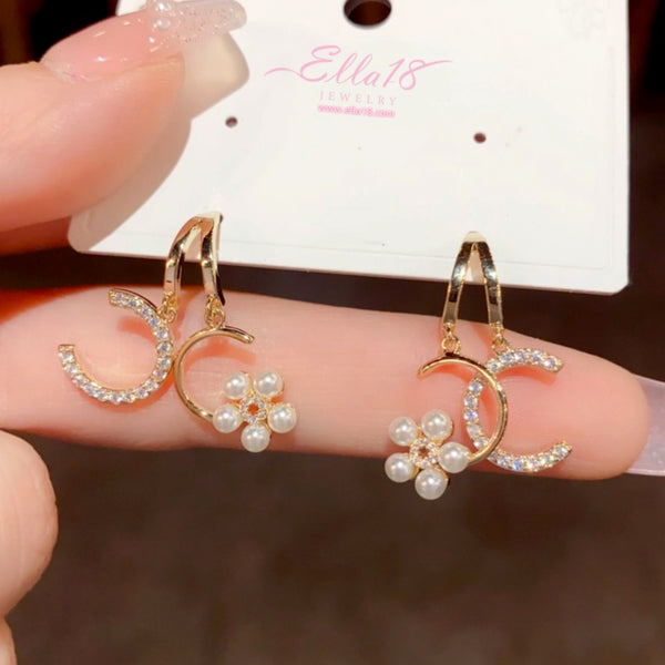 14K Gold-Plated Zircon Diamond Double-C Flower Pearl Earrings