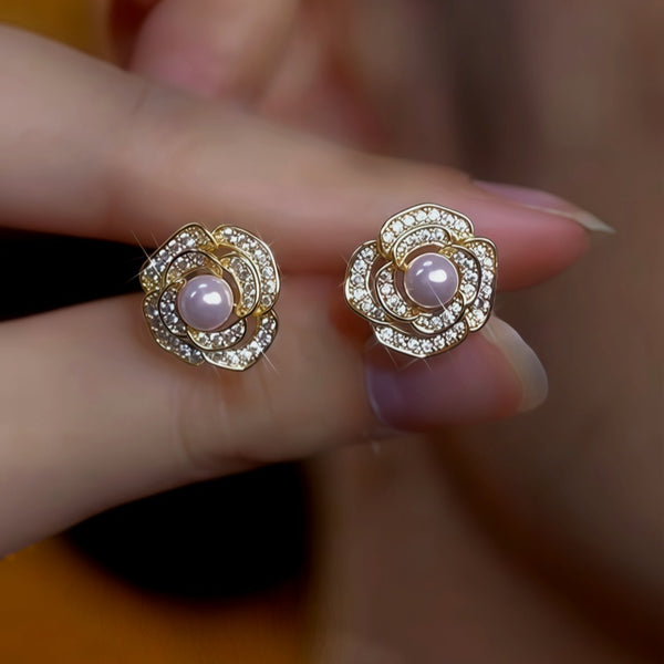14K Gold-Plated Zircon Diamond Flower Pearl Stud Earrings