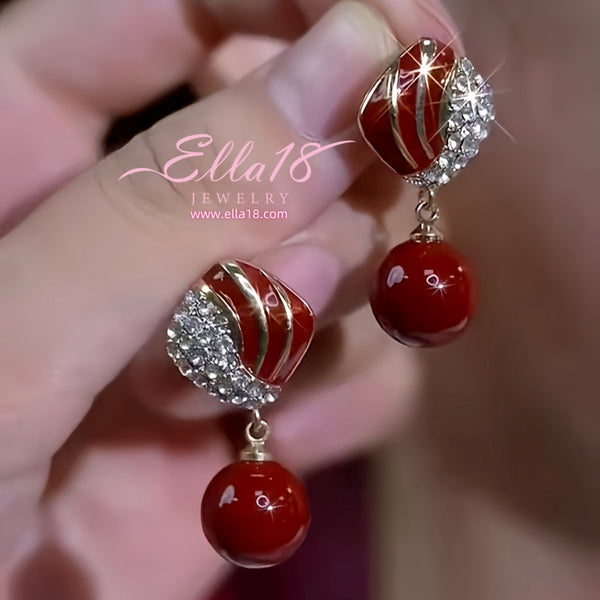 14K Gold-Plated Zircon Diamond Geometric Red Pearl Earrings