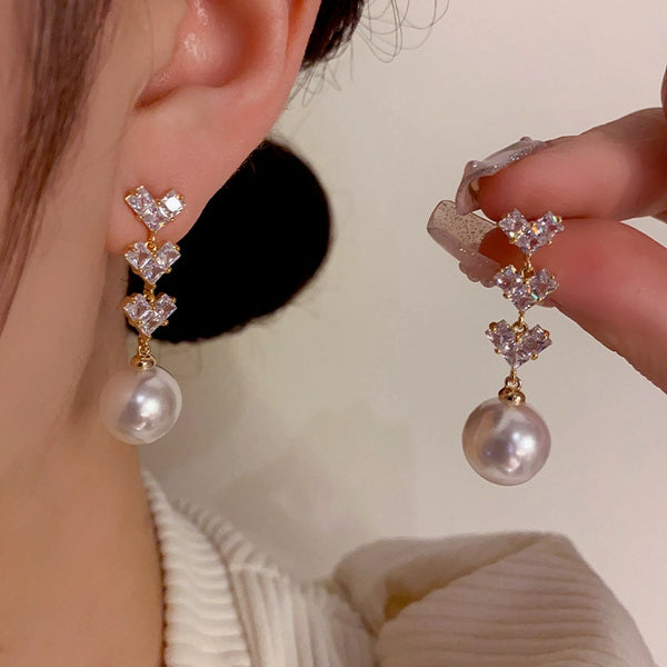 14K Gold-Plated Zircon Diamond Heart Pearl Tassel Earrings