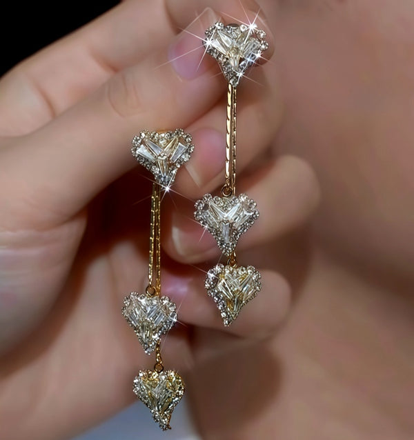 14K Gold-Plated Zircon Diamond Heart Tassel Earrings