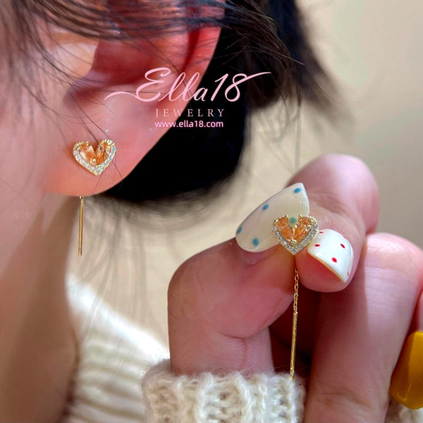 14K Gold-Plated Zircon Diamond Heart Threader Earrings