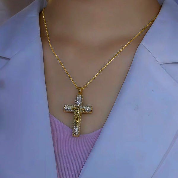 14K Gold-Plated Zircon Diamond Large Cross Pendant Necklace