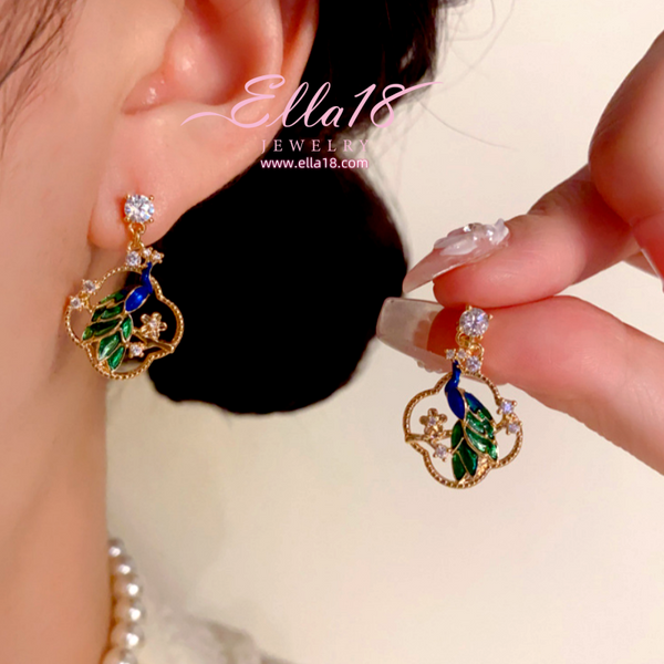 14K Gold-Plated Zircon Diamond Peacock Earrings
