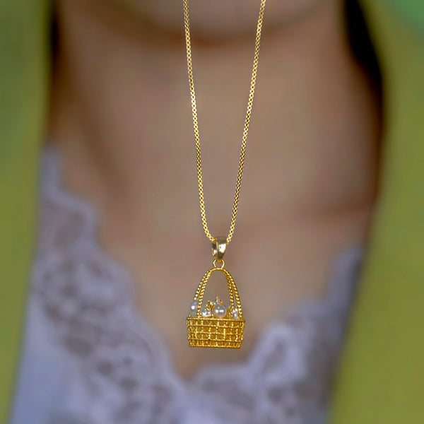 14K Gold-Plated Zircon Diamond Pearl Basket Pendant Necklace