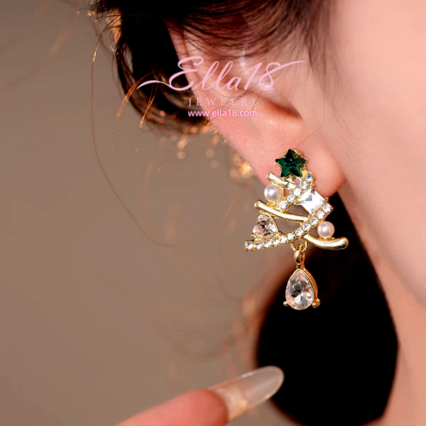 14K Gold-Plated Zircon Diamond Pearl Christmas Tree Earrings