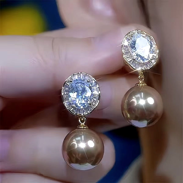 14K Gold-Plated Zircon Diamond Pearl Earrings