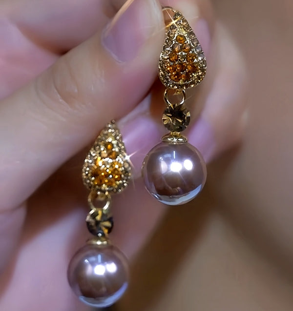 14K Gold-Plated Zircon Diamond Pearl Earrings